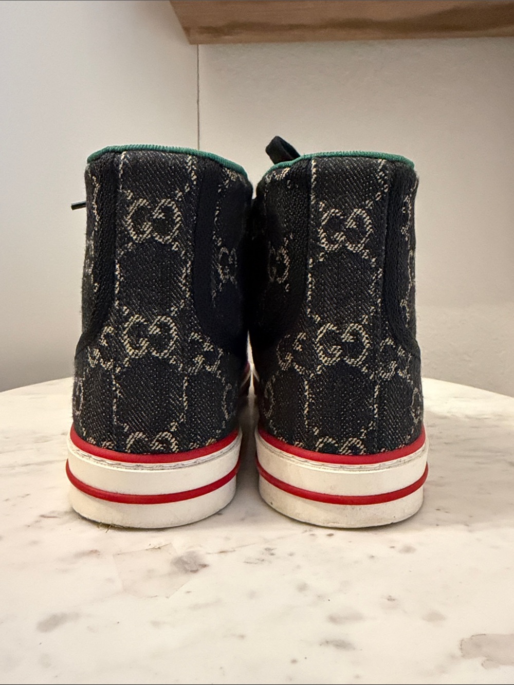 Gucci Black Denim High-Top Sneaker with Green & Red Stripe - Picture 2 of 7